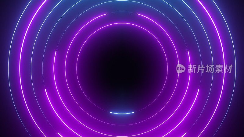 蓝色和紫色的霓虹灯圈抽象未来的高科技运动背景。视频动画超高清4K 3840x2160